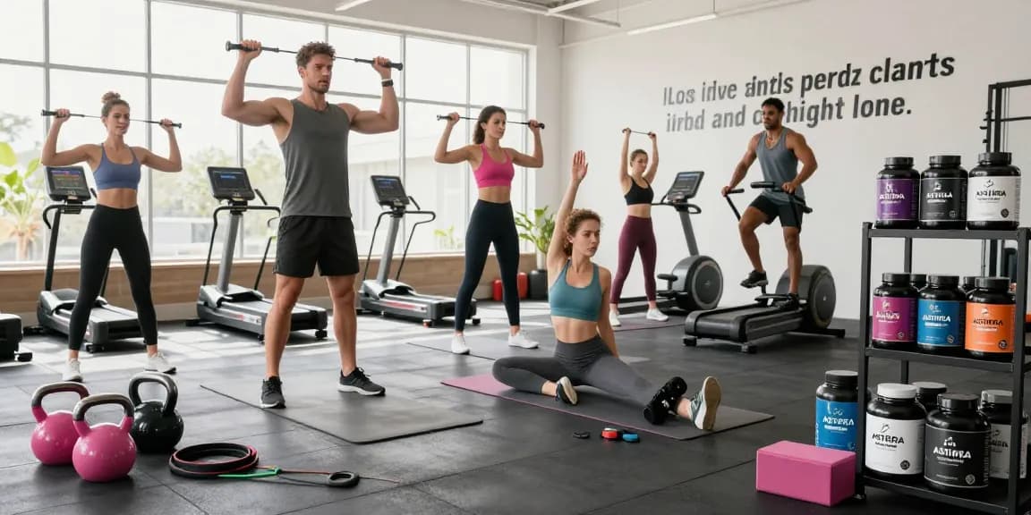Group workout scene showcasing Astera Shop fitness products in a motivational gym environment.