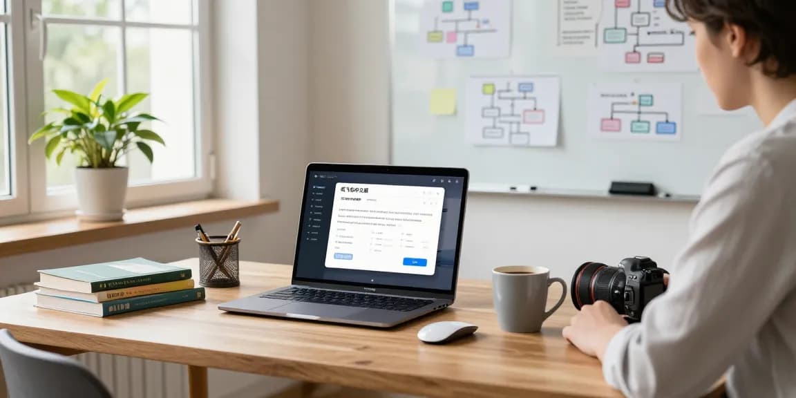 Developer using 纸飞机中文版 in a modern home office setup with tech books and brainstorming notes.
