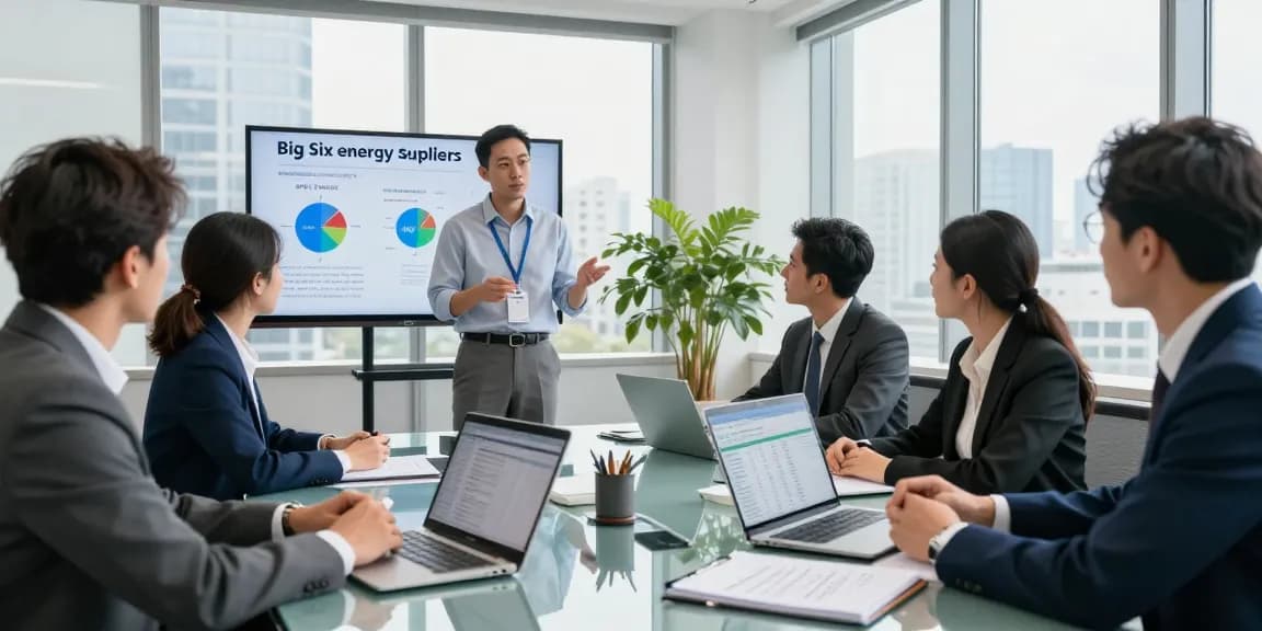 Big Six energy suppliers comparison discussion in a modern conference room with diverse team.