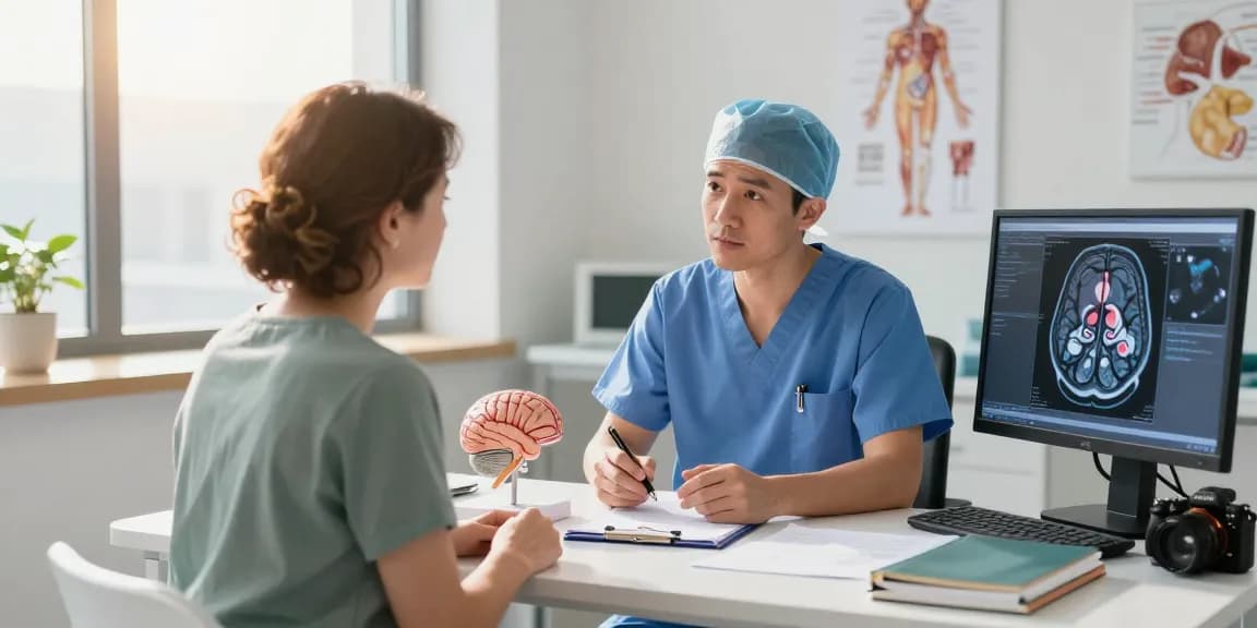 Detailed consultation about beyin tümörü ameliyatı with a neurosurgeon, showcasing anatomical models and MRI scans.