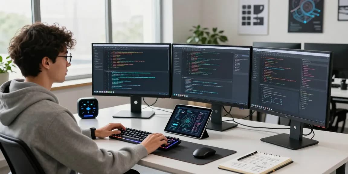Dynamic tech workspace featuring NAGA2000 software development in action with multiple monitors and creative decor