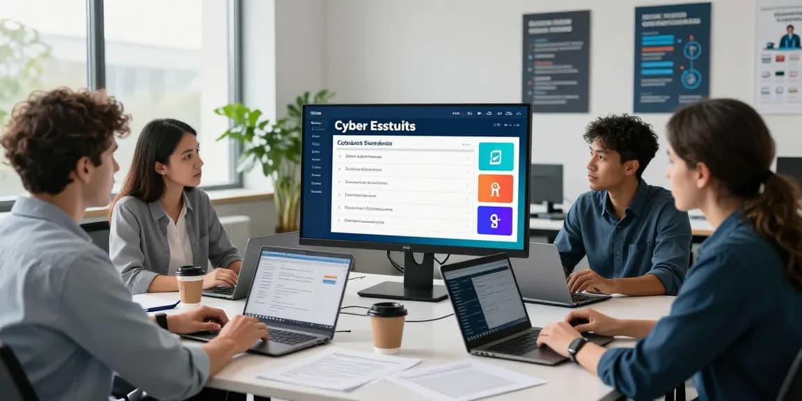 Cyber Essentials checklist in an office setting with a collaborative IT security team reviewing compliance measures for improved cybersecurity.
