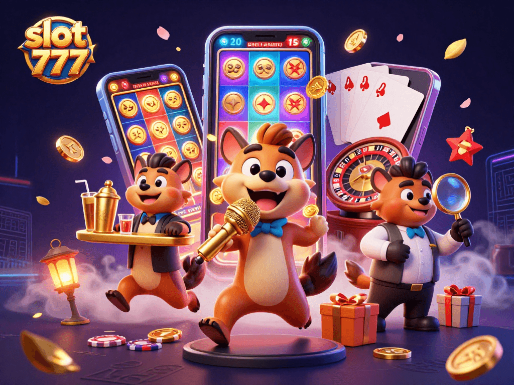 Spin to win big with slot 777 at this lively casino scene with hyenas enjoying games.