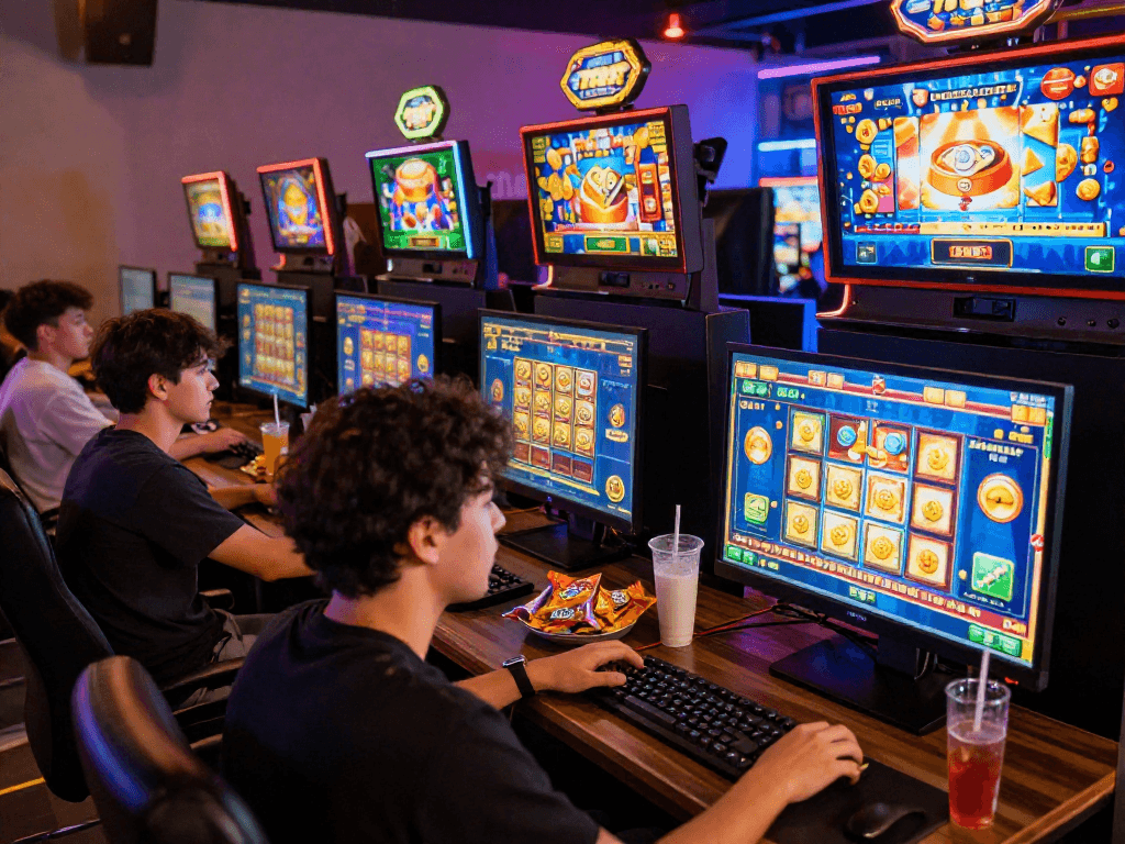 Exciting scene of players enjoying online slot games with engaging bonus cashback slot features in a vibrant atmosphere.
