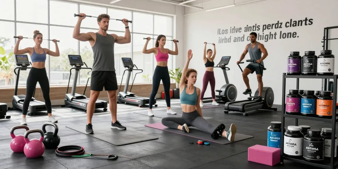 Group workout scene showcasing Astera Shop fitness products in a motivational gym environment.