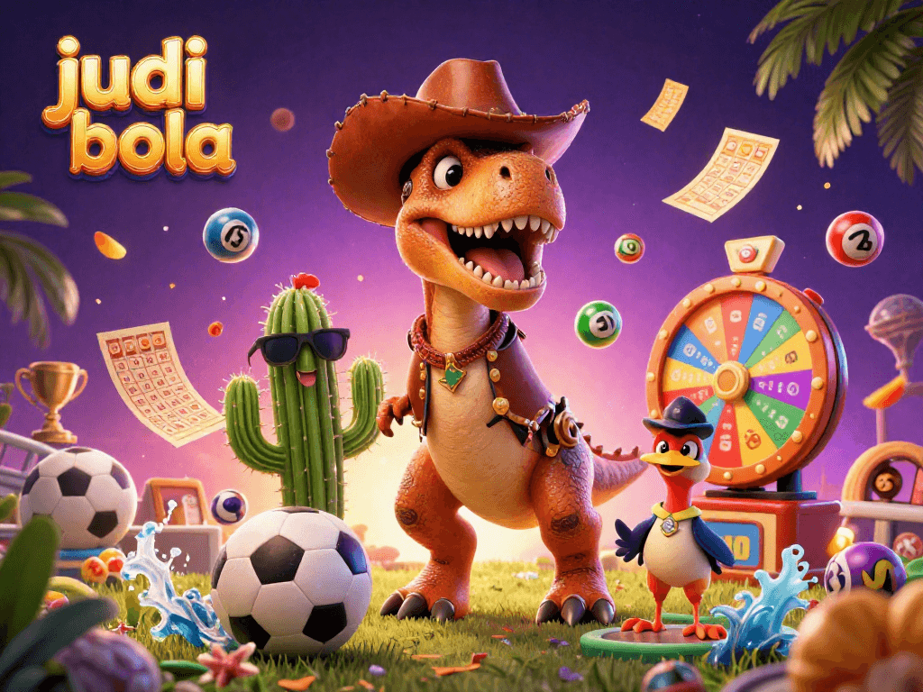 Bet on judi bola with dynamic sports elements featuring a T-Rex, cactus, and roadrunner in action.