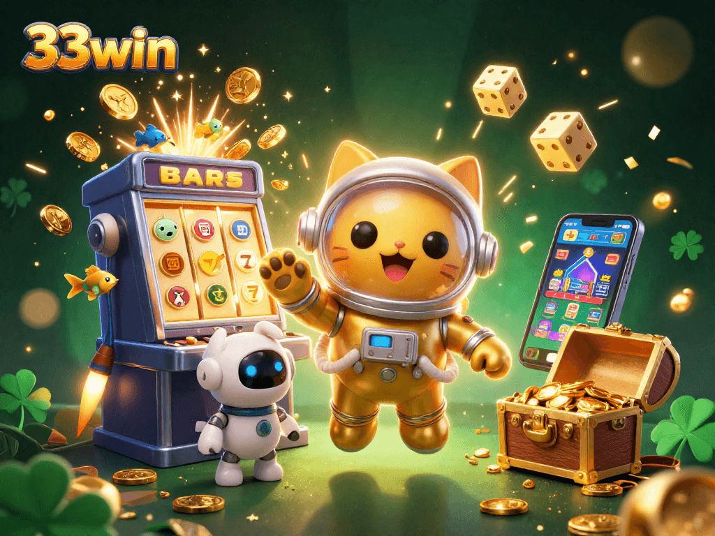 33win transports players into a vibrant jackpot scene with space-themed characters and casino elements.