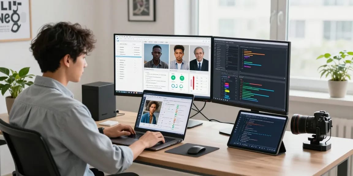 AI image checker software interface displayed in a modern workspace, demonstrating image authenticity analysis.