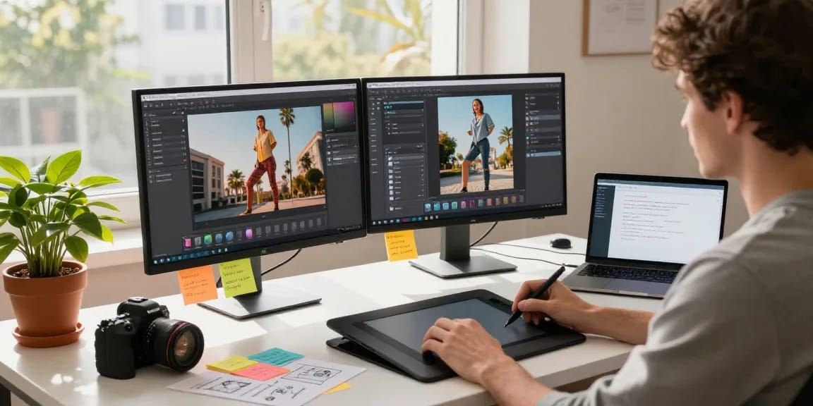 Designer using nano banana 2 AI image editor in modern workspace, showcasing AI-generated creativity and collaboration.