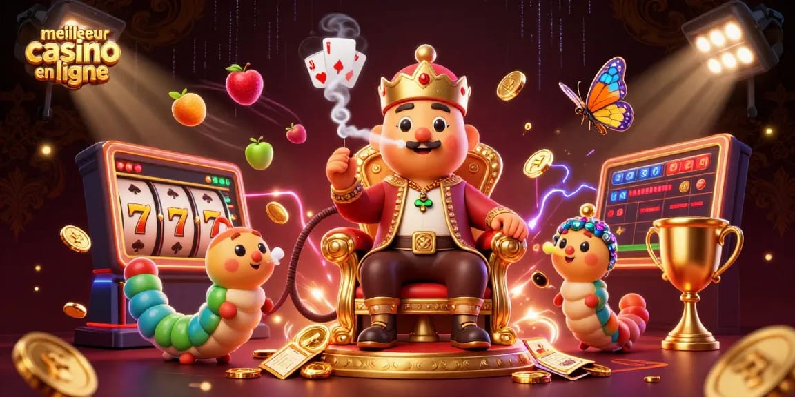 Illustration captivante d'un meilleur casino en ligne avec des personnages de jeu entourés d'éléments de machines à sous.