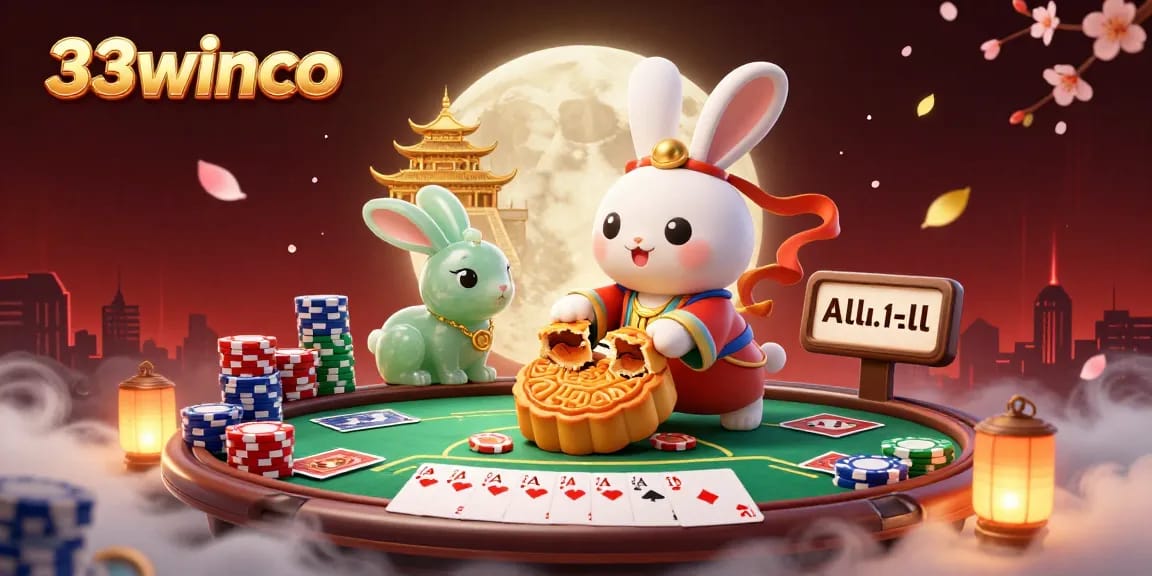 Experience the excitement of 33winco with a vibrant 3D casino scene showcasing poker elements and traditional characters.