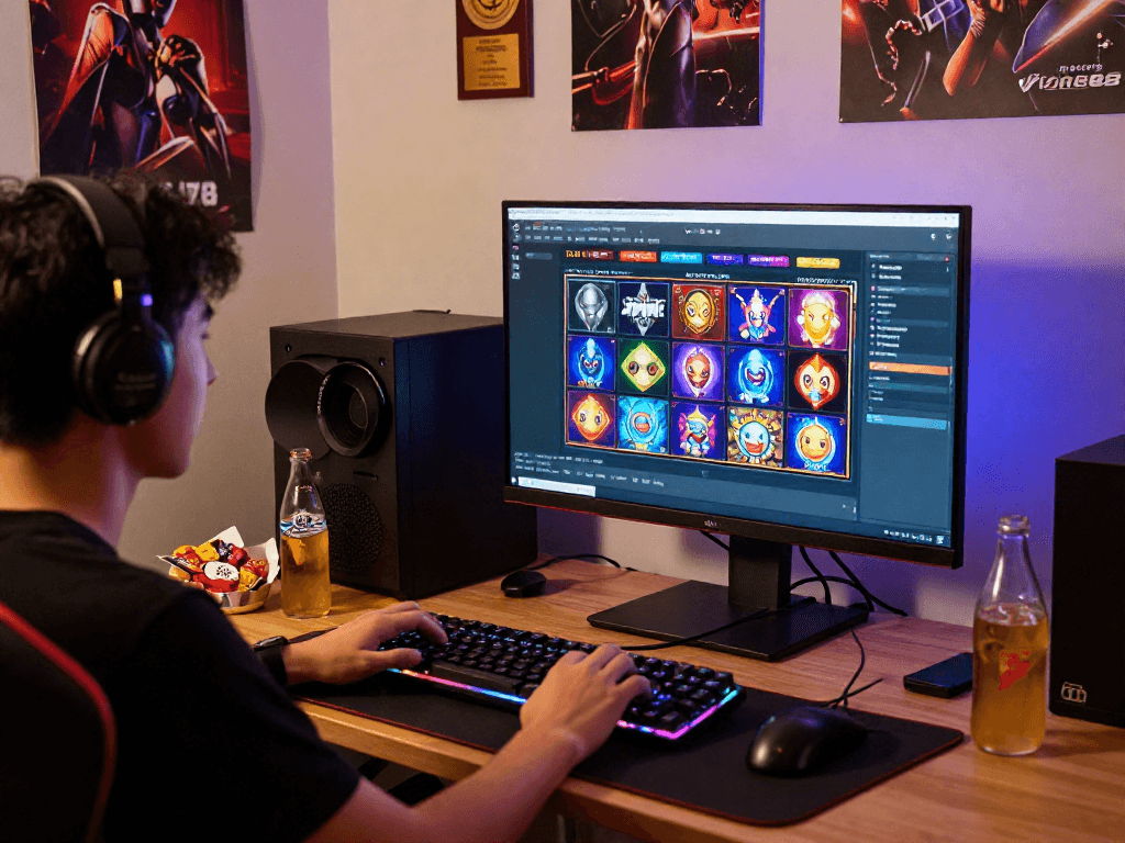 Player enjoying togel 4d games on Visabet88 platform with vibrant setup and gaming peripherals.