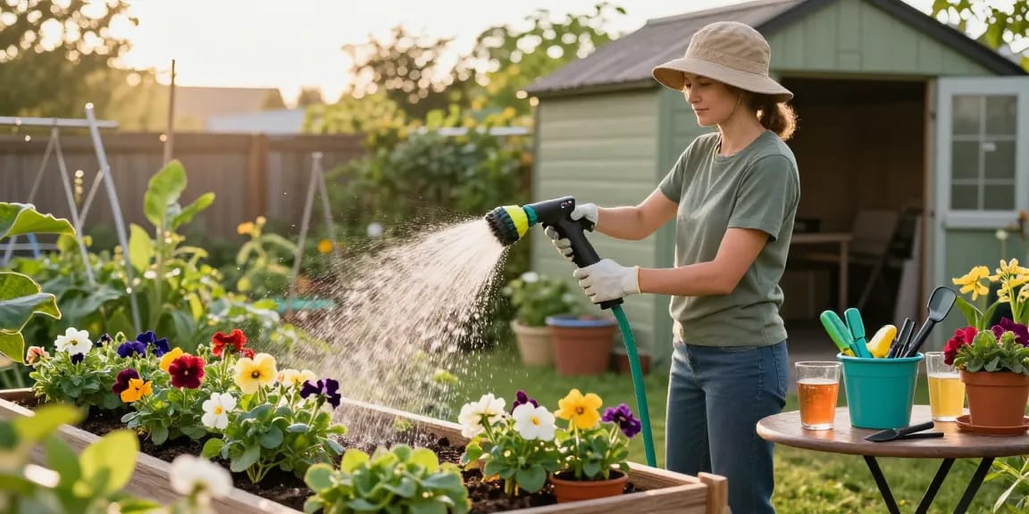 Using the best hose nozzle for easy watering in a vibrant garden.