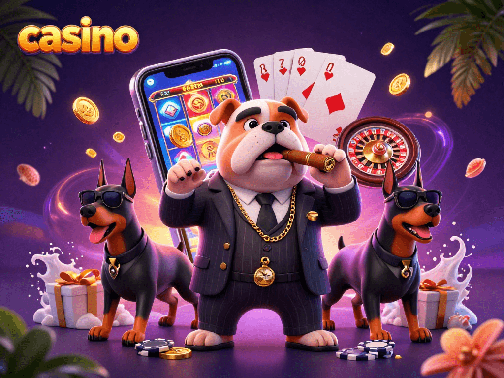 Experience casino excitement with a mafia bulldog boss and Doberman bodyguards amid vibrant gaming action.