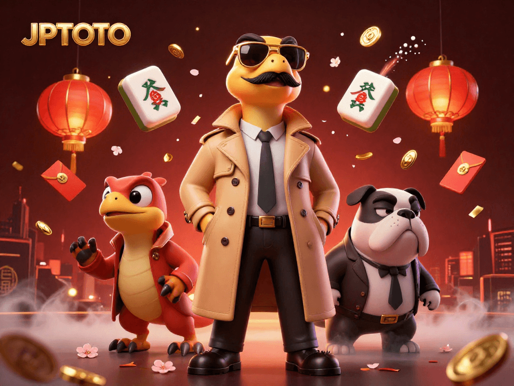 Experience the excitement of JPTOTO at this vibrant VIP casino lounge illustration featuring playful 3D raptors.
