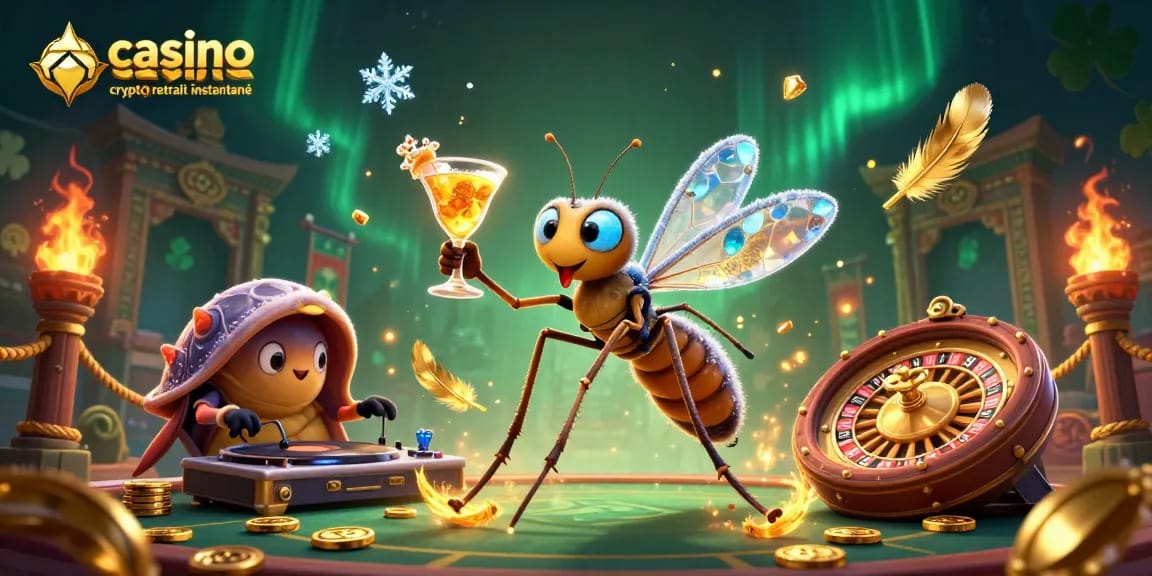 Profitez d'un casino crypto retrait instantané avec cette scène animée de jeux de casino et de personnages dynamiques.