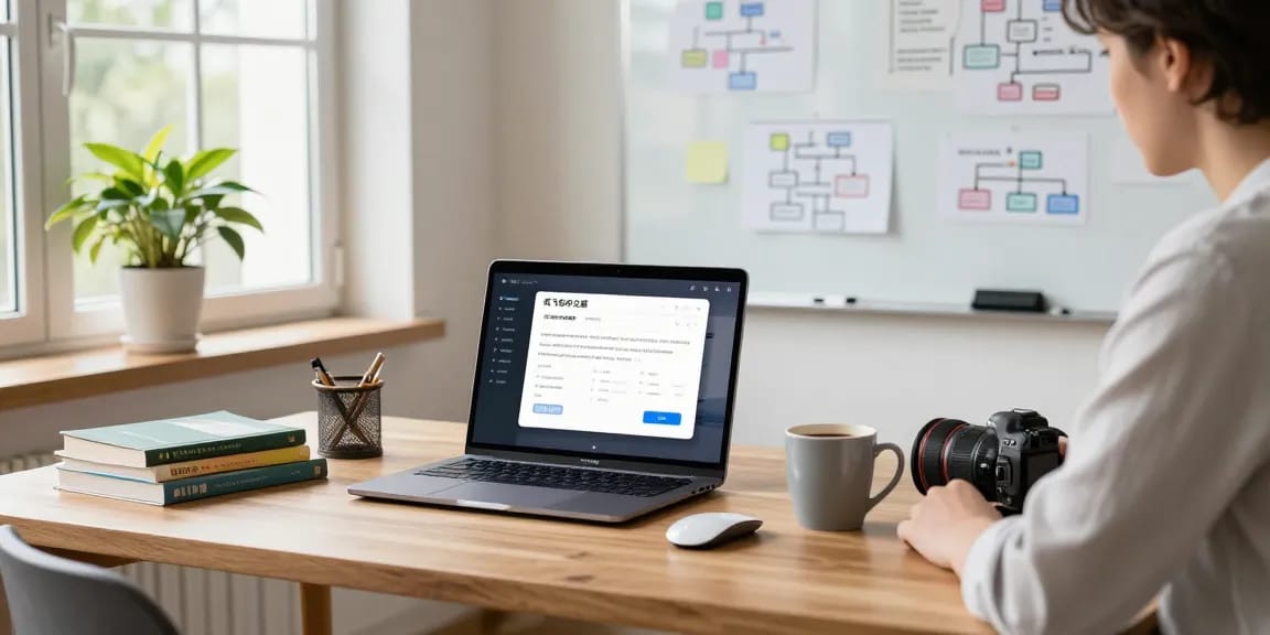 Developer using 纸飞机中文版 in a modern home office setup with tech books and brainstorming notes.