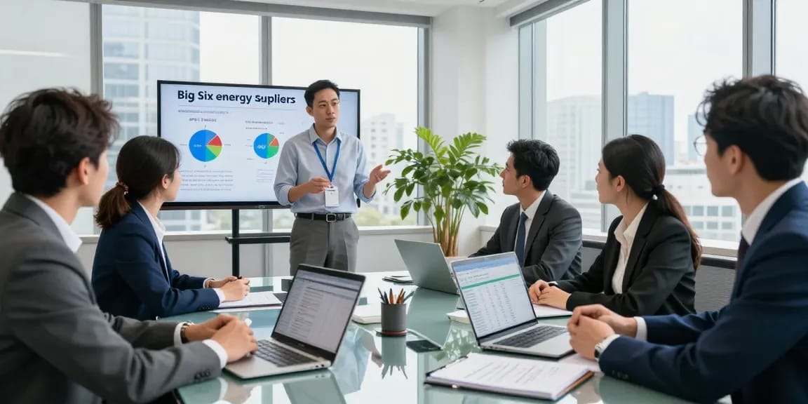 Big Six energy suppliers comparison discussion in a modern conference room with diverse team.