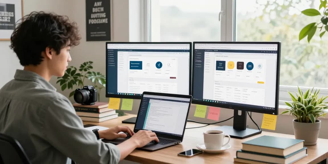 Content creator in modern office focusing on quality and authority blogs, surrounded by creative elements and natural light.