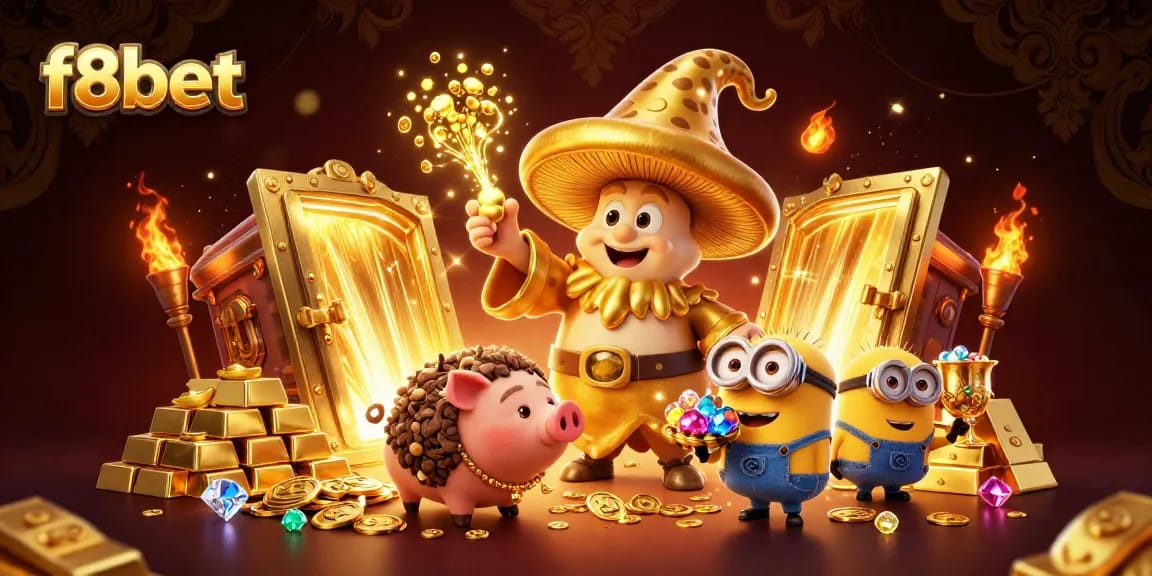 Engage in luxurious gaming adventures at f8bet, featuring a vibrant scene with enchanted treasures and rich golden elements.