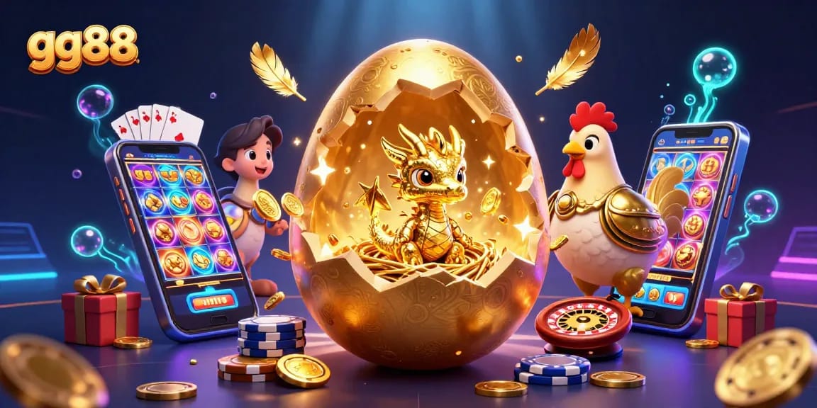 Spin to win big at gg88 with a dragon baby and golden poker chips in a dazzling casino scene.