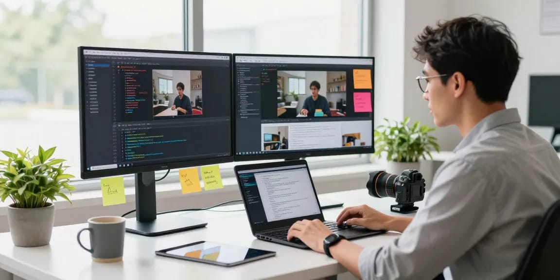 Dynamic tech workspace with a developer using video prompt ai tools for analysis and content creation.