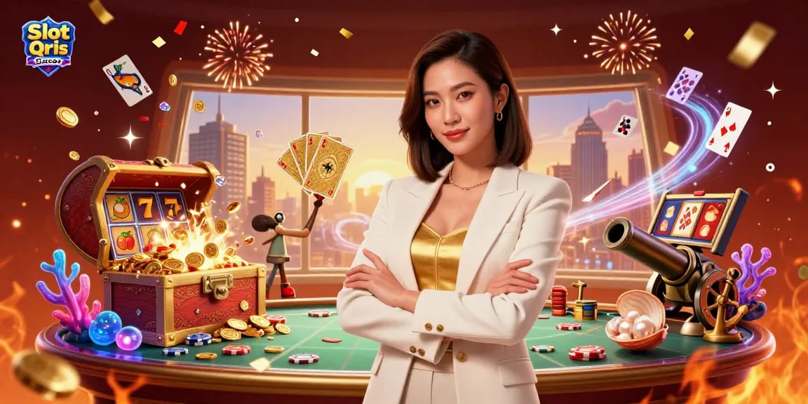 Experience the thrill of Slot Qris Gacor with a powerful businesswoman amidst vibrant gambling elements.