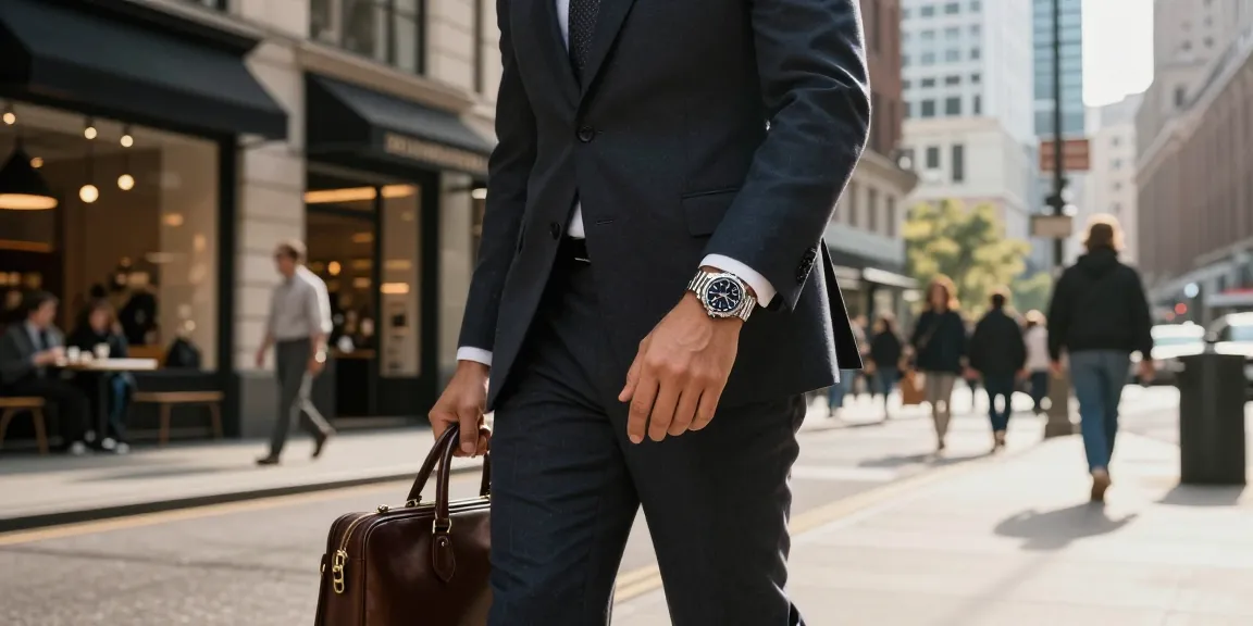 City street scene featuring a man showcasing his rolex super clone watch in a stylish urban setting.