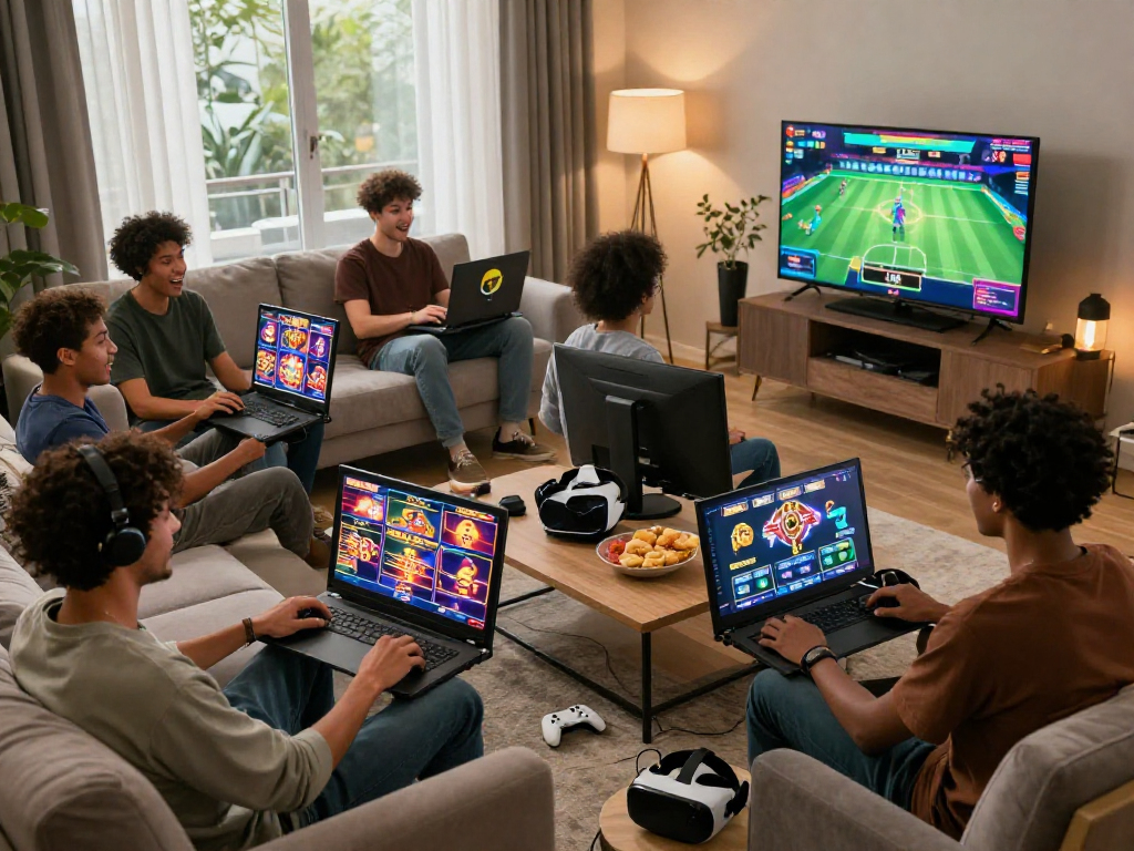 Engaged players at home with raja328 link, enjoying diverse online games in a cozy gaming atmosphere.