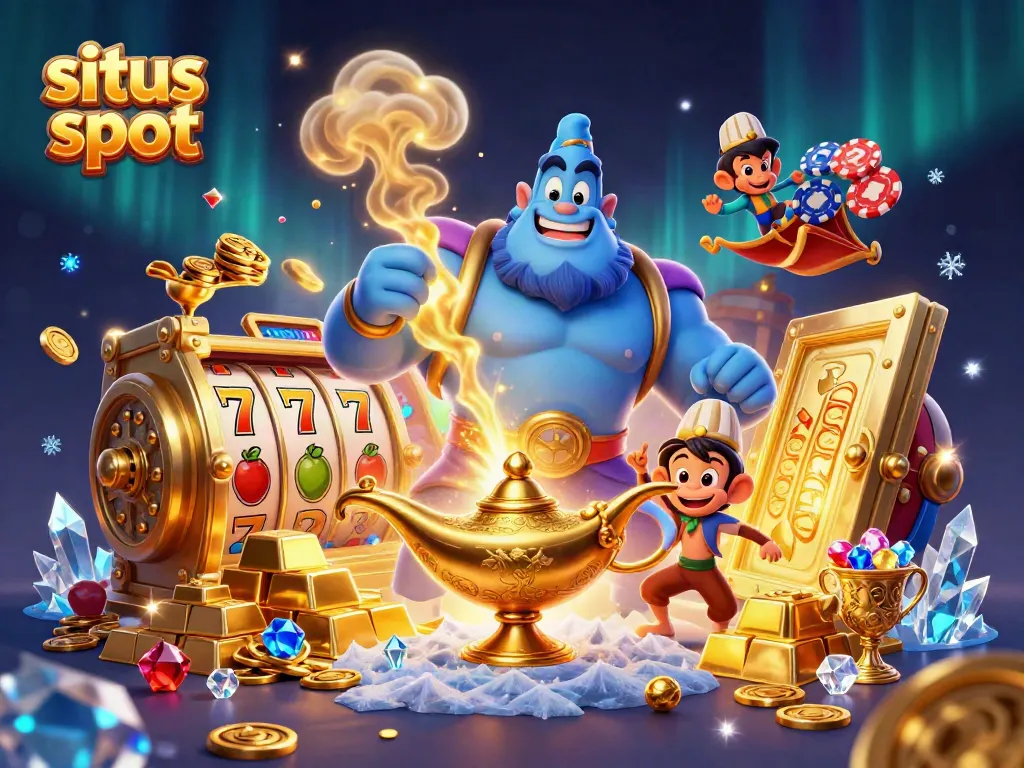 Immerse in this vibrant scene of situs slot action with a genie, a monkey, and slot reels.