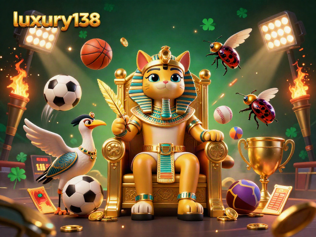 Luxury138 menampilkan ilustrasi kasino 3D dengan karakter kucing firaun dan elemen taruhan yang memukau.