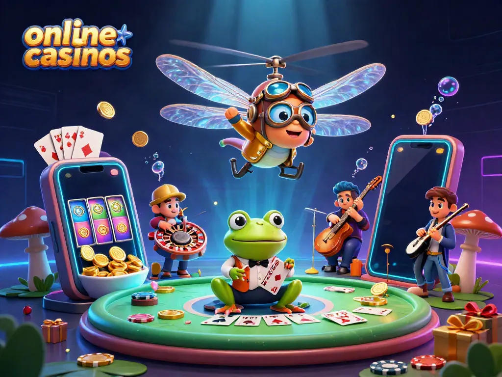 Experience the thrill of online casinos with vibrant characters and dynamic gaming elements in this 3D illustration.