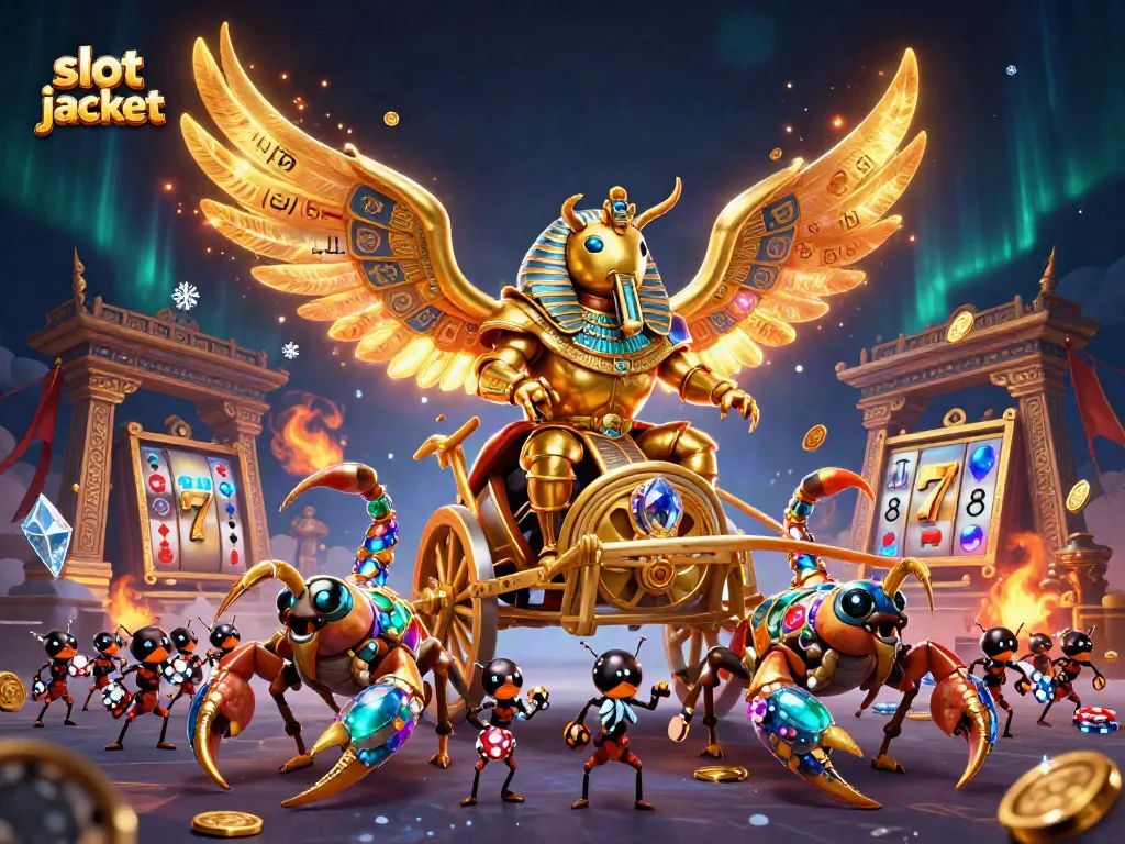 Engage in thrilling slot jackpot adventures with colossal beetles and golden scorpions in this vibrant 3D scene.