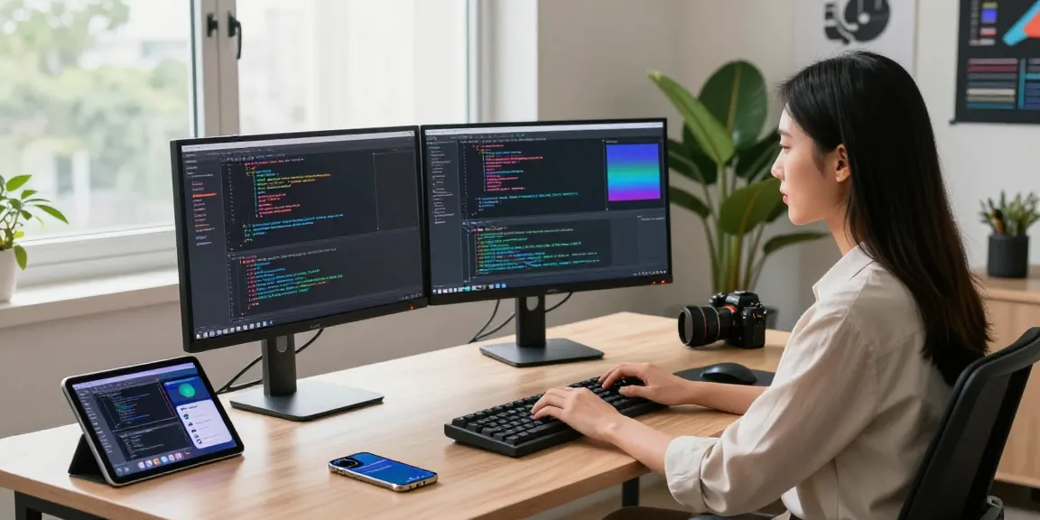 Workspace of a software developer showcasing coding on monitors and vibrant tech elements for teiegramin.com