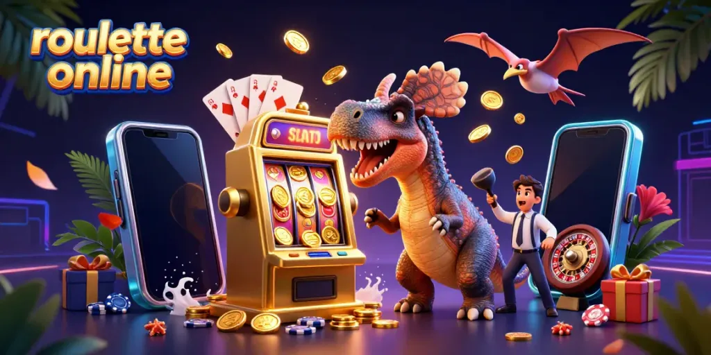 Experience thrilling roullete online gameplay with a 3D dinosaur-themed casino scene.
