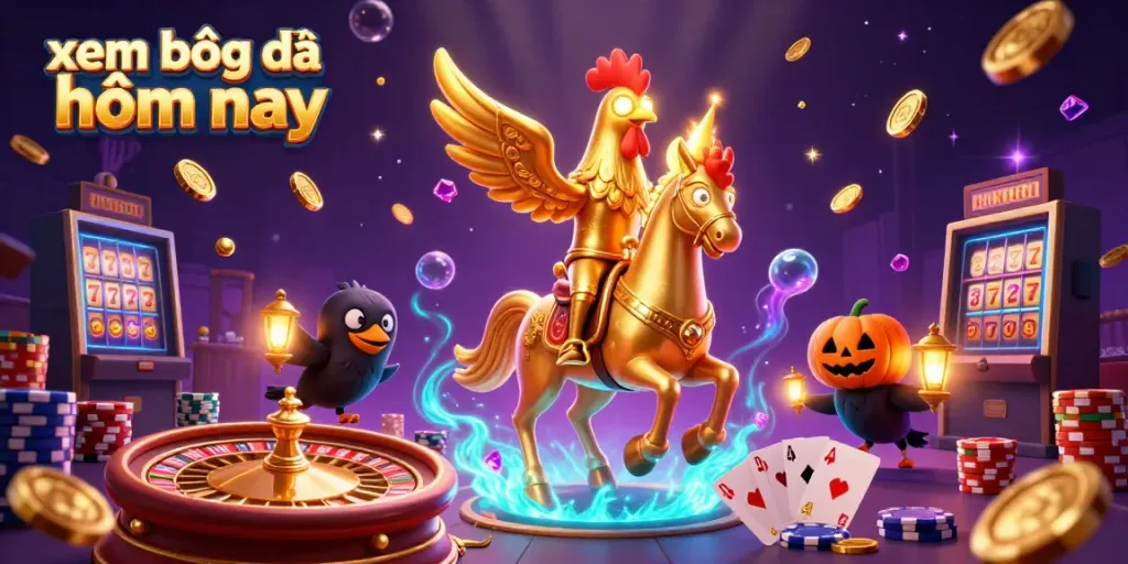 Experience xem bóng đá hôm nay with stunning visuals showcasing a golden rooster in a dynamic casino scene.