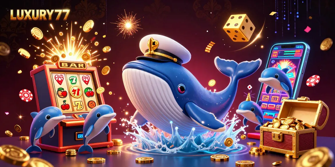 LUXURY777 bertabur uang koin saat ikan paus raksasa dan narwhal bermain, membawa permainan slot menarik.