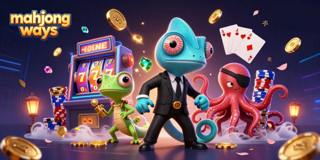 Engage in mahjong ways with a vibrant illustration showcasing a secret agent chameleon and exciting casino elements.
