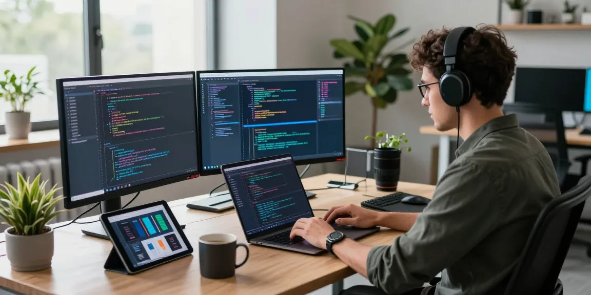 telegramin-cn.com workspace scene showcasing a developer coding with modern tech setup