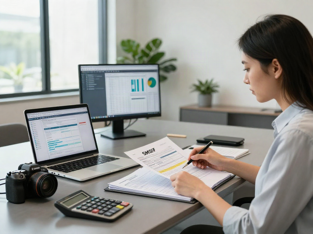 Expert consultant preparing SMSF tax return in a modern office.