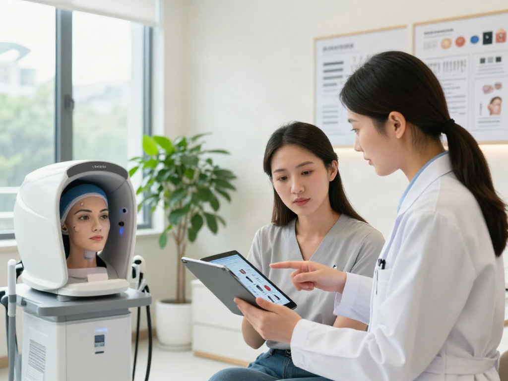 ClinicEvo vs QOVES facial analysis consultation in modern clinic environment