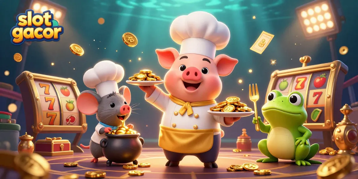Experience slot gacor excitement with cartoon chef pig serving gold coins in a vibrant casino scene.
