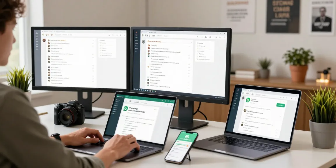 Using WhatsApp網頁版 on a computer display in a modern workspace with motivational decor and digital devices.