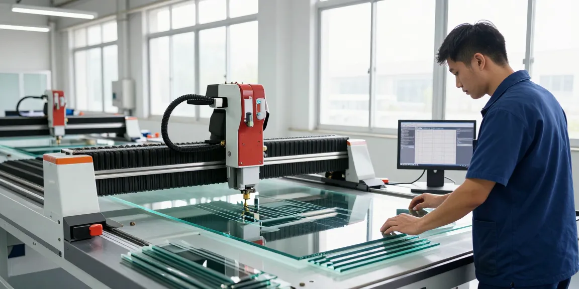Technician operating a glass cutting table in a modern workshop.