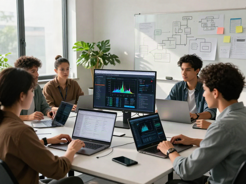 Team analyzing data with AI Detector software in a modern workspace