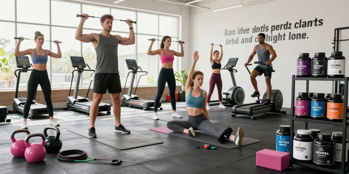 Group workout scene showcasing Astera Shop fitness products in a motivational gym environment.