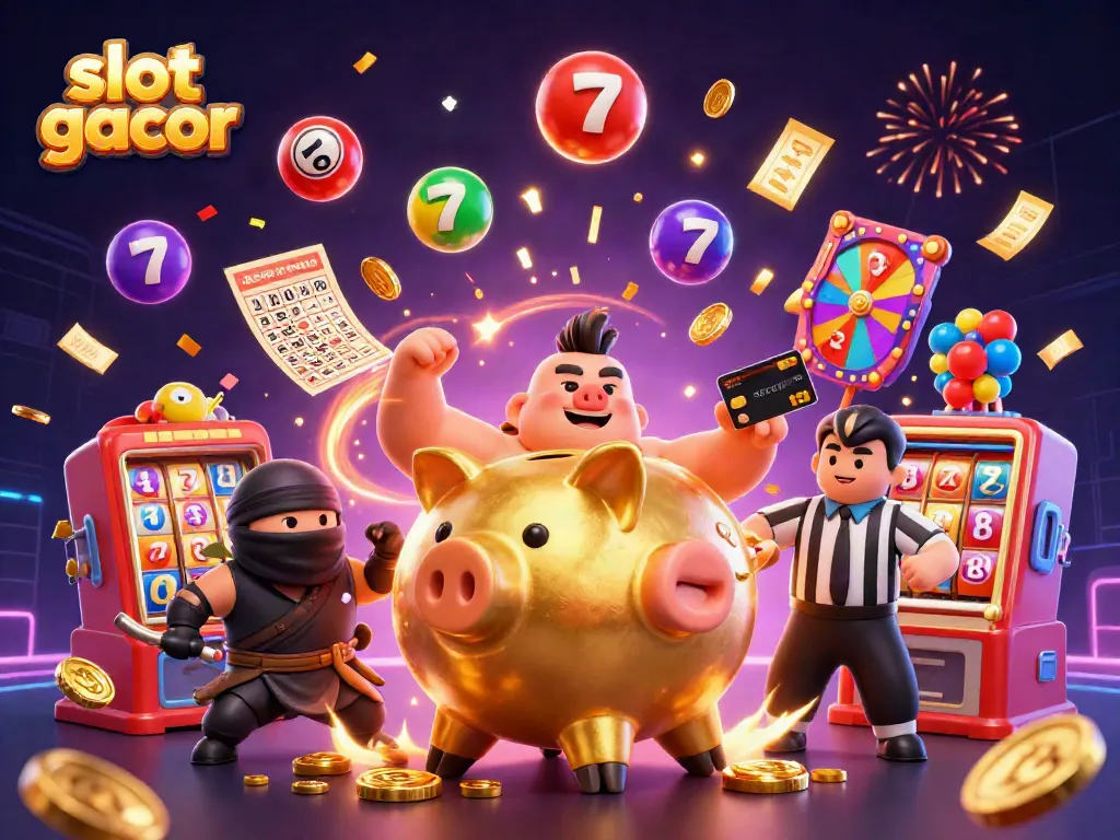 Gambarkan kegembiraan slot gacor dengan karakter koin emas, ninja dompet, dan wasit kartu kredit saat mereka bertarung dalam permainan slot jackpot.