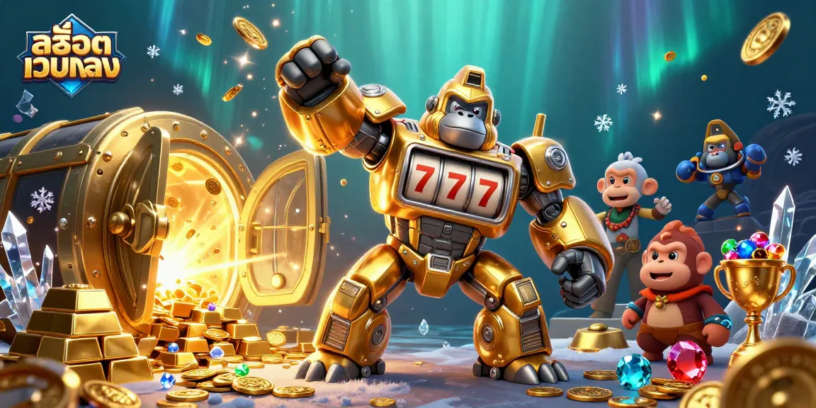 Experience the thrill of สล็อตเว็บตรง with a golden gorilla mech in a vibrant casino world.