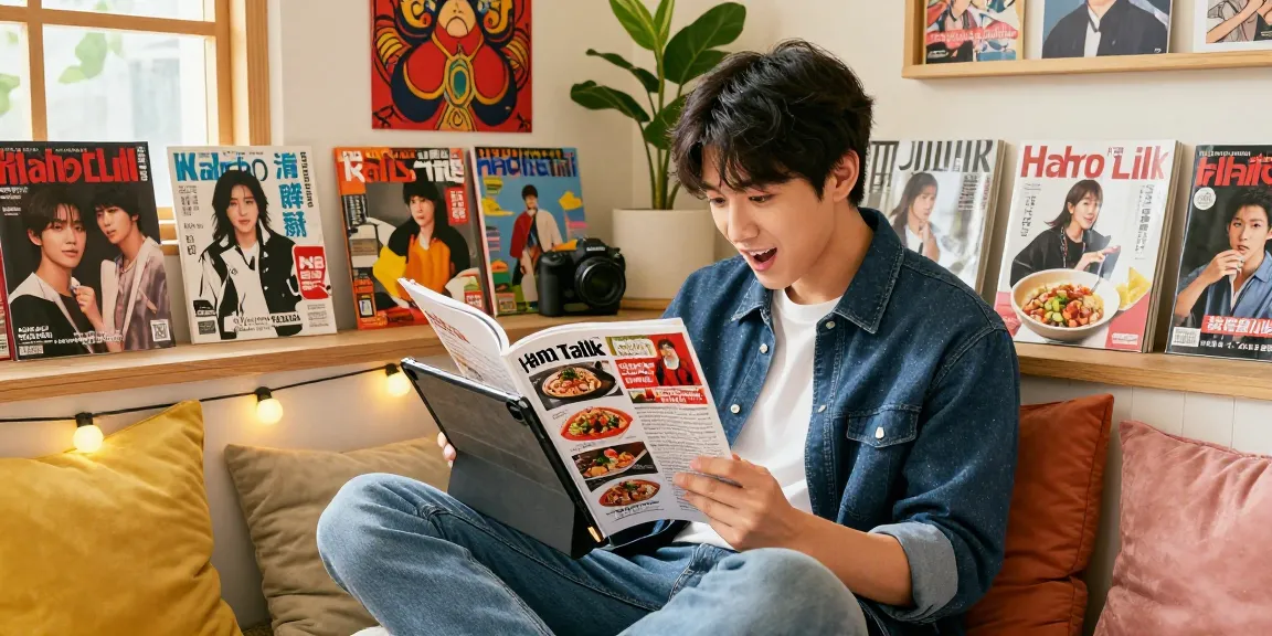 Diverse individual exploring Asian pop culture through reading Hana Dul Talk at a cozy nook, bright and colorful decor surrounding.