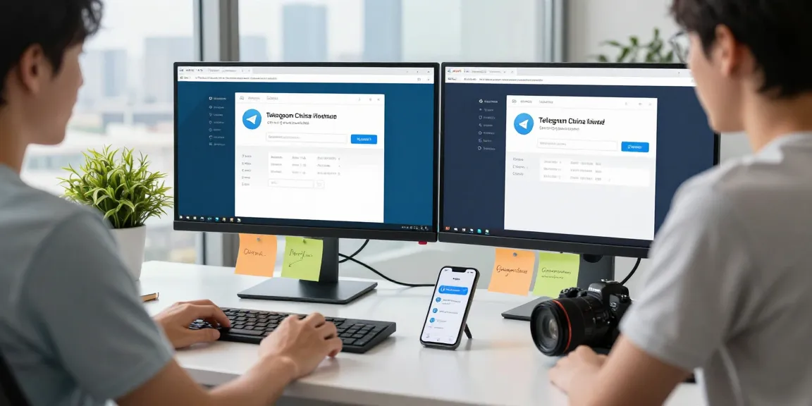 Person engaging with telegram china web version on dual monitors in a modern office setup